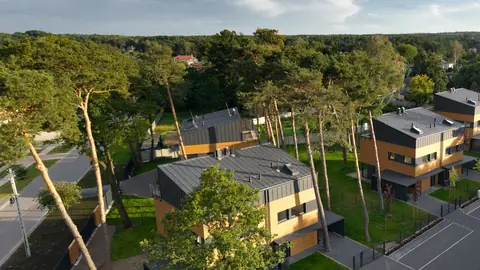 Droga wewnętrzna i domy osiedla z lotu ptaka, wokół sosny.