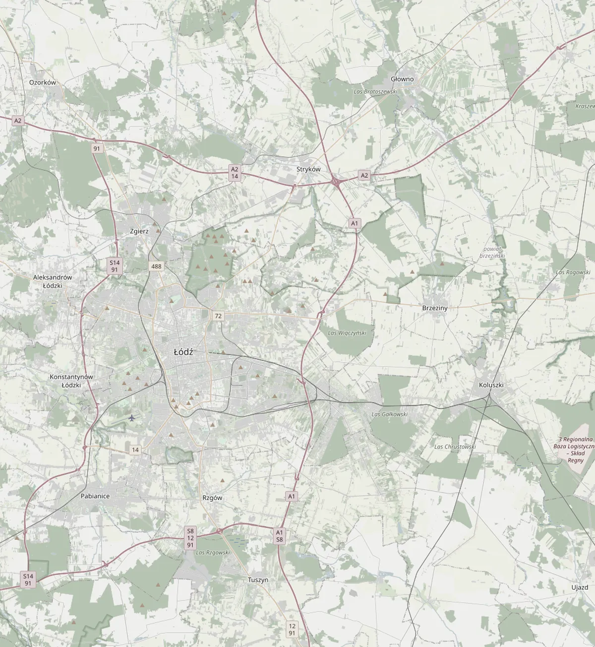 Mapa okolic Łodzi z zaznaczonymi osiedlami: Plażowa Park w Głownie na północnym wschodzie i Leśna Ostoja w Tuszynie na południu