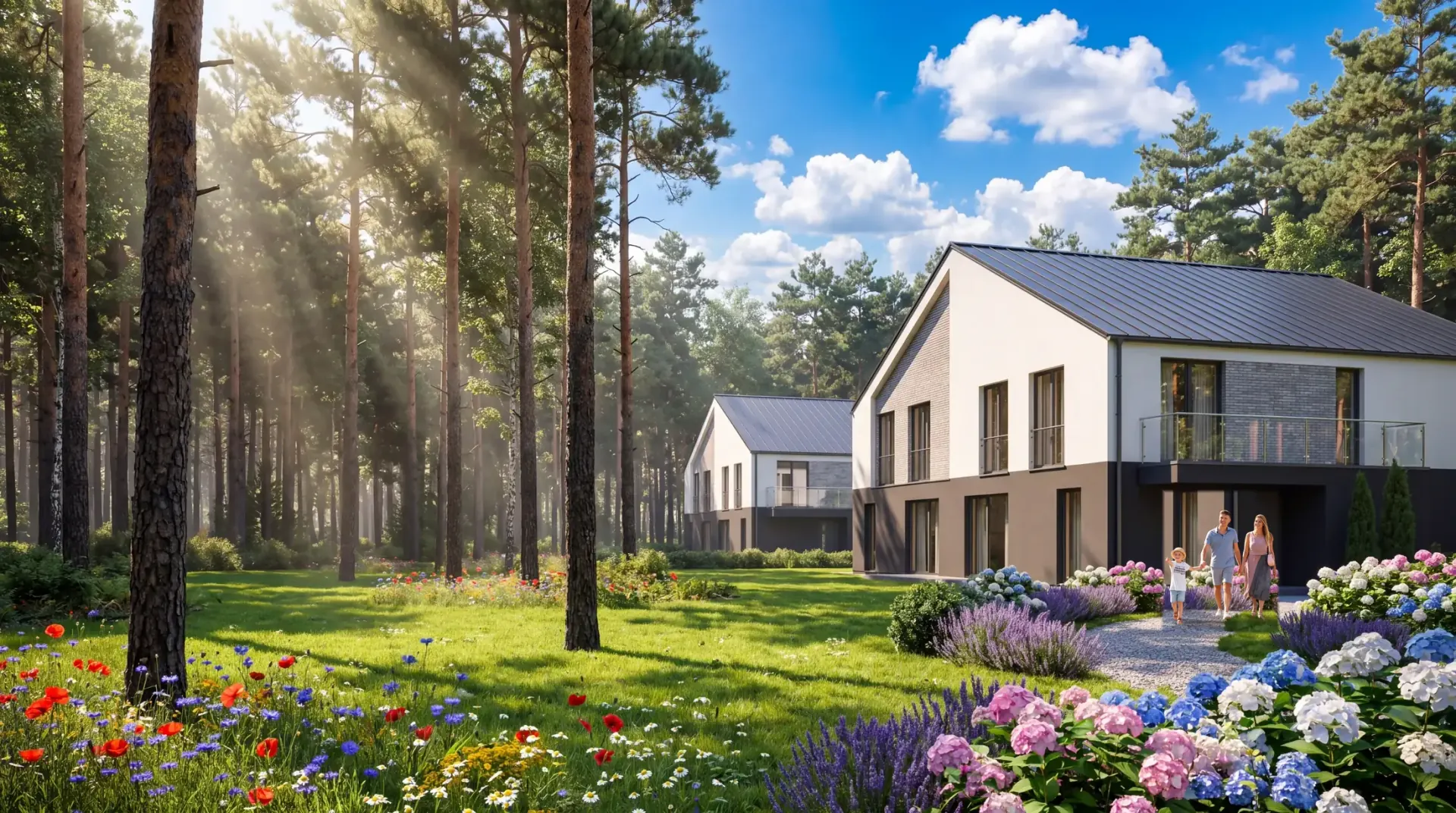 Wizualizacja osiedla Plażowa Park: budynki wśród sosen, ogrody z hortensjami i lawendą