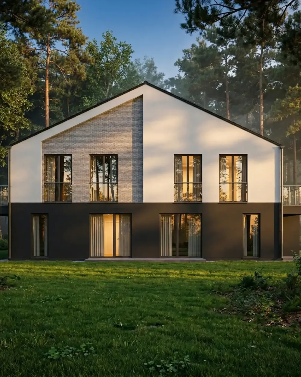 Budynek osiedla Plażowa Park o zmierzchu, między sosnami
