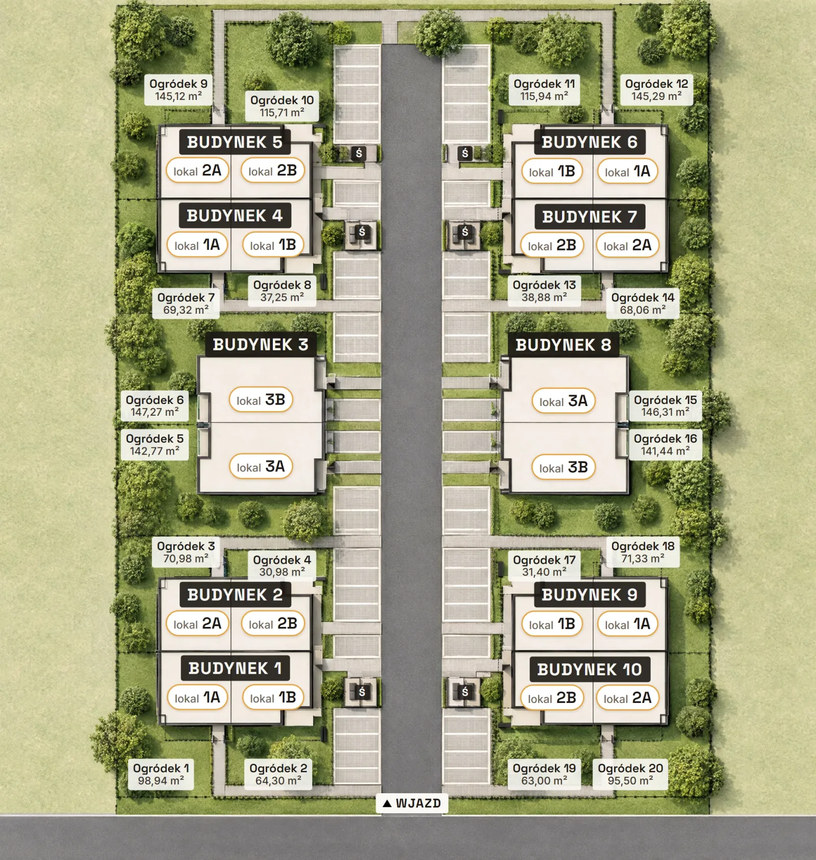 Plan zagospodarowania osiedla Plażowa Park: dziesięć budynków po obu stronach drogi wewnętrznej, przy każdym lokalu ogródek z podanym metrażem