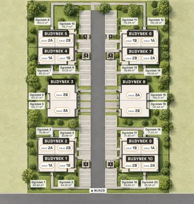 Plan osiedla z numerami budynków i ogródków